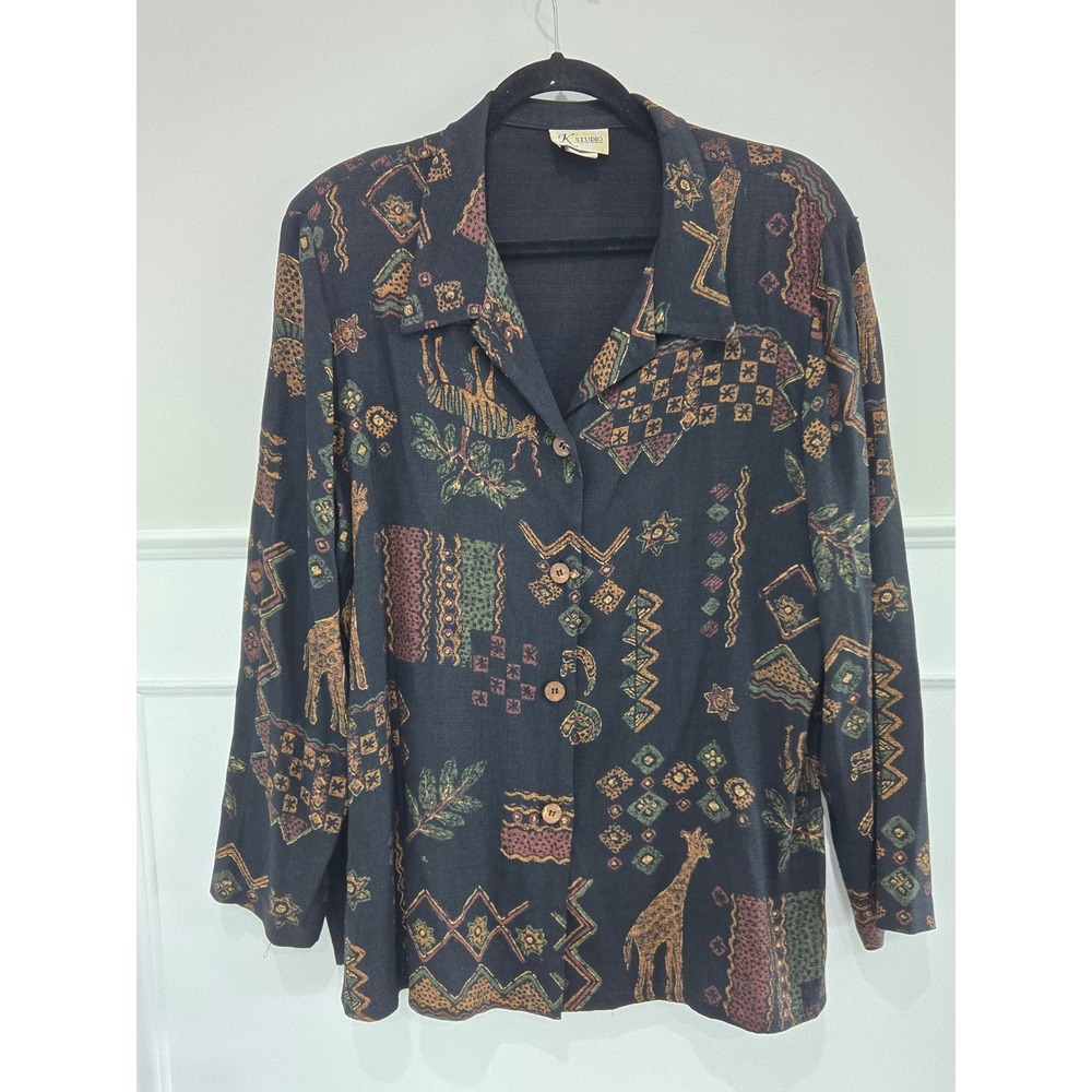 K Studio Vintage 90s Safari‎ Animal Print Button Up Shirt Giraffe Zebra Black 14